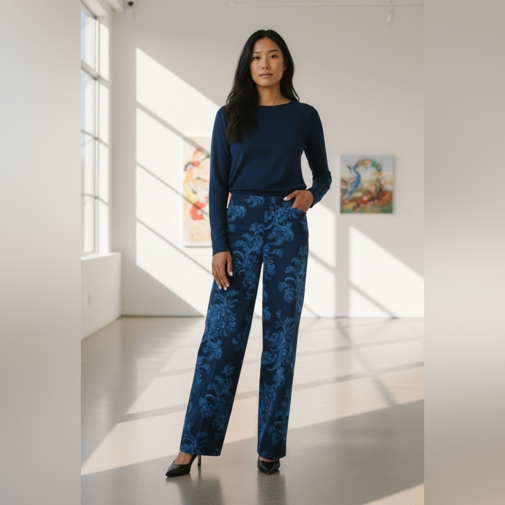 Isaac Mizrahi Navy Paisley Pants 0 Tall NWT | Sleek Printed Statement Style